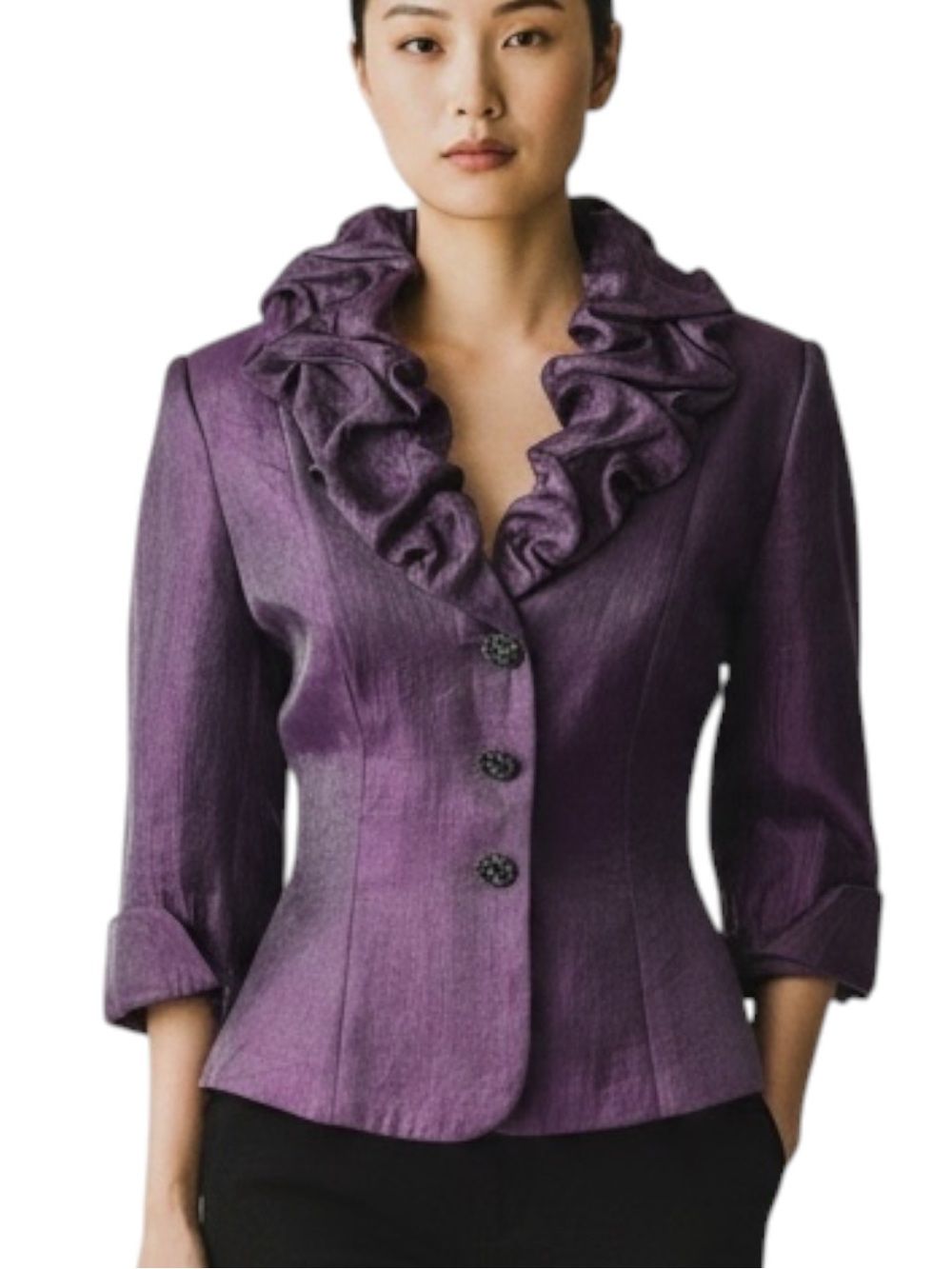 Victor Costa Metallic Purple Ruffle Collar Evening Wear Jacket NWOT Size 6